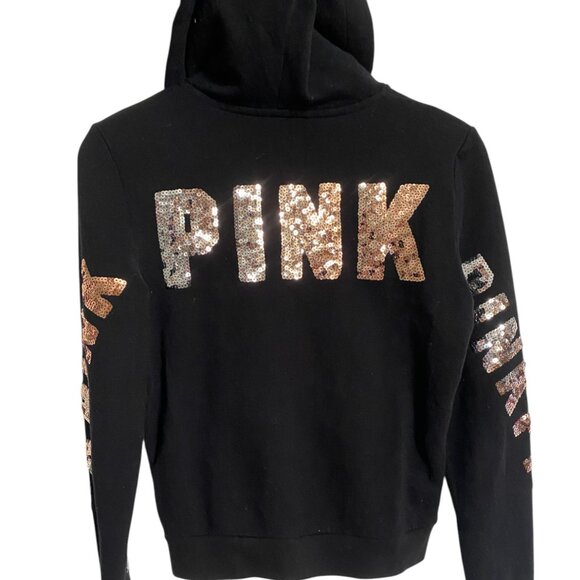 Victoria’s Secret Pink Rose Gold Silver Ombre Bling Sequin Hoodie S Black Zip Up - Picture 4 of 7